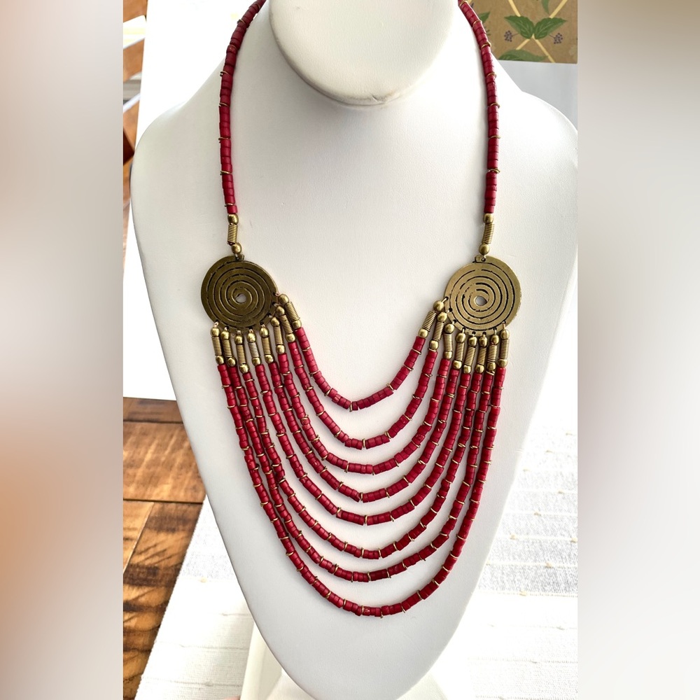 Women's Boho Tribal Multi Strand Faux Coral and Brass Long Layered Necklace
